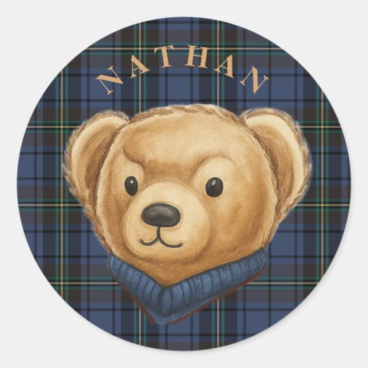 Sticker Rond Luxe Preppy Plaid Teddy Bear Head (Devant)