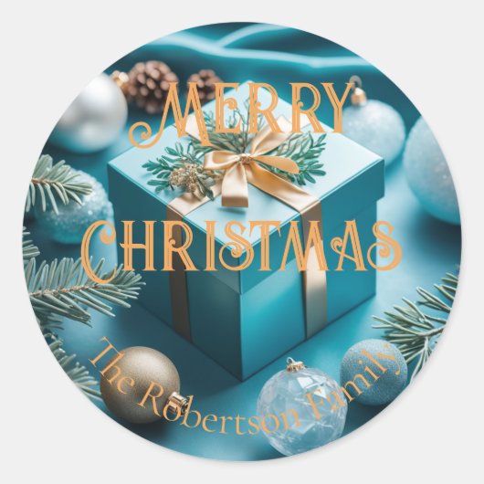 Sticker Rond Luxe Turquoise Blue & Gold Cadeaux de Noël (Devant)