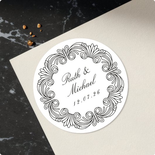 Sticker Rond Luxueux Mariage Baroque Scroll Nom et date