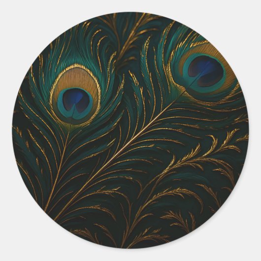 Sticker Rond Luxurious Peacock Feathers Golden Teal Pattern (Devant)