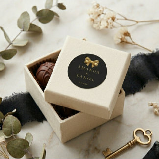 Sticker Rond Luxury Black and Gold  Golden Bow Wedding 