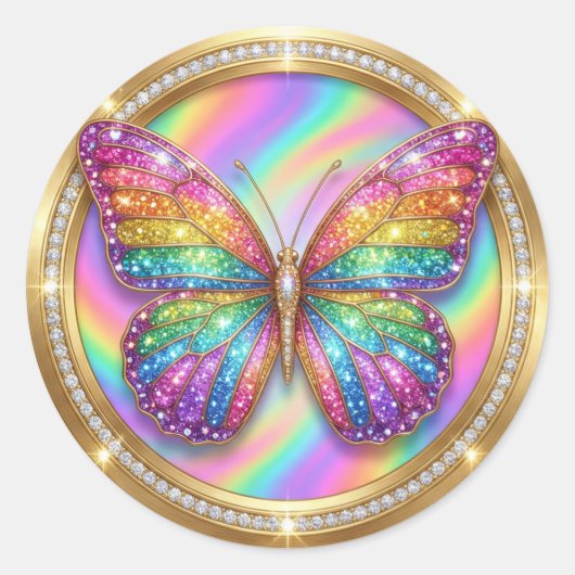 Sticker Rond Luxury Rainbow Glitter Butterfly  (Devant)