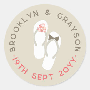 Sticker Rond M. et Mme Fleurs Roses Tongs Mariage sur la Plage