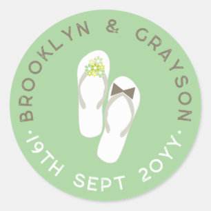 Sticker Rond M. et Mme Green Fleurs Tongs Mariage à la Plage