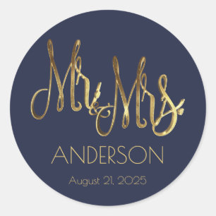 Sticker Rond M. et Mme Navy Blue Faux Gold Foil Typographie