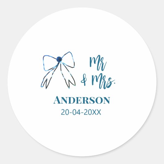 Sticker Rond M. & Mme ajouter nom date mariage faveur arc bleu (Devant)