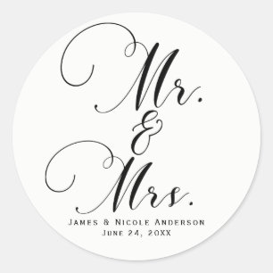 Sticker Rond M. & Mme. Black White Script Cadeau de Mariage Per
