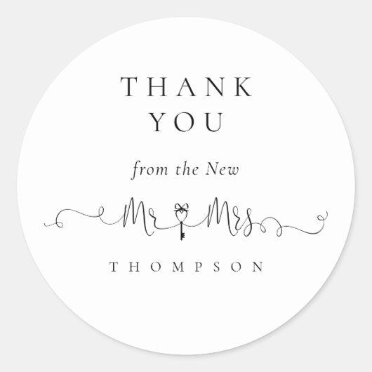 Sticker Rond M. Mme Clé Symbole Script Mariage Merci (Devant)