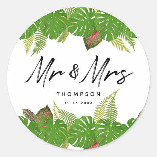 Sticker Rond M. & Mme Feuille Tropical Mariage de script (Devant)