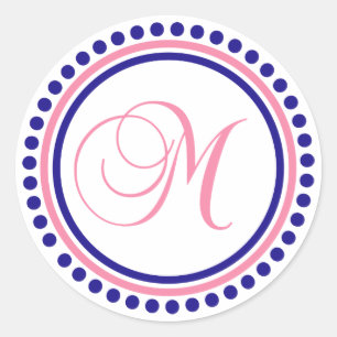 Sticker Rond M Monogramme (bleu marine/cercle à points roses)