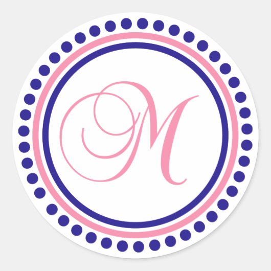 Sticker Rond M Monogramme (bleu marine/cercle à points roses) (Devant)