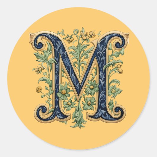 Sticker Rond M monogramme fleur d'or bleu (Devant)