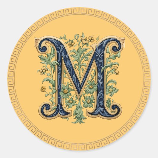 Sticker Rond M monogramme fleur d'or bleu (Devant)