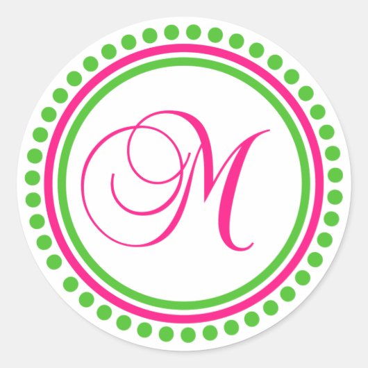 Sticker Rond M Monogramme (Rose chaud / Cercle vert point) (Devant)