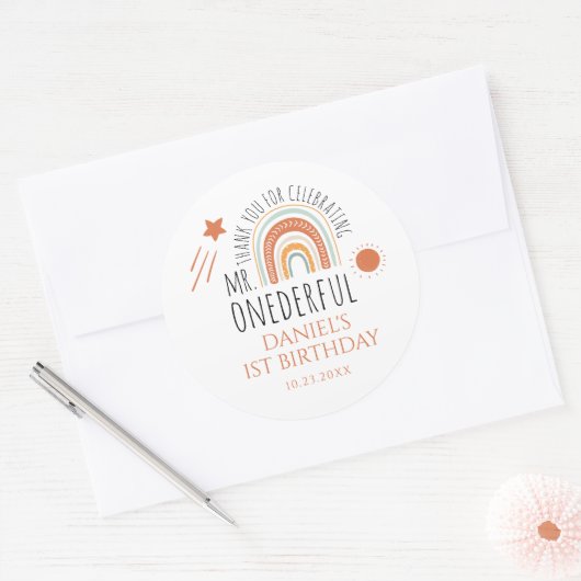 Sticker Rond M. Onederful Boho Arc-en-ciel Premier anniversaire (Enveloppe)