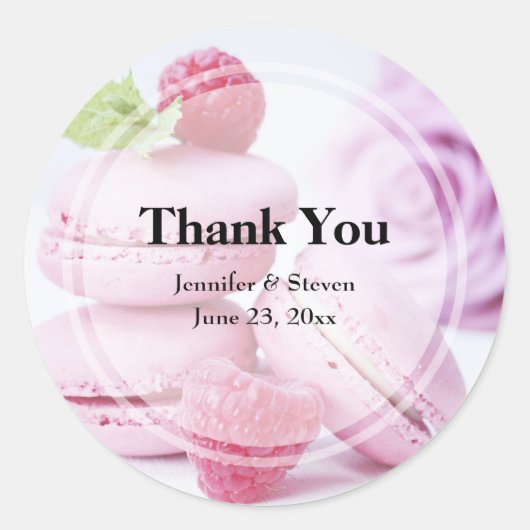 Sticker Rond Macarons roses et framboises rouges Mariage Merci (Devant)