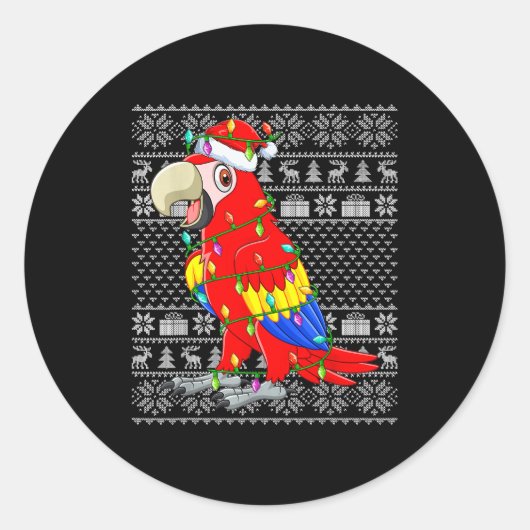 Sticker Rond Macaw Parrot Christmas Lights Ugly Sweater Funny B (Devant)