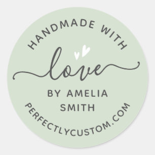 Sticker Rond Made with love heart name URL light sage green