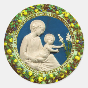 STICKER ROND MADONNA AVEC ENFANT ET MENSONGE BLANC FLORAL CROWN
