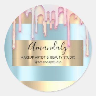 Sticker Rond Magasin de maquillage Rose encadré Gold Blue Favor