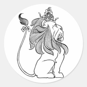 Sticker Rond Mage de l'âge vintage Oz, Lion peureux avec couron