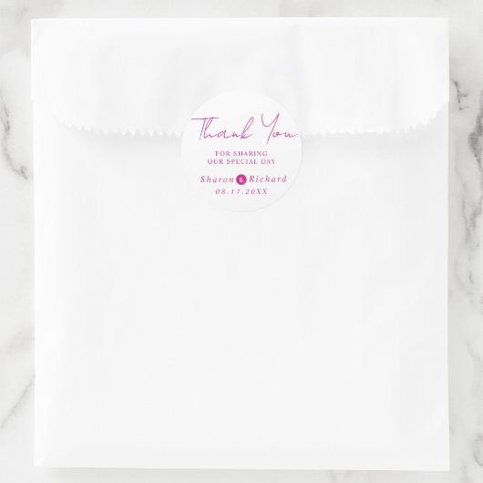 Sticker Rond Magenta script calligraphie Merci mariage (Sac)