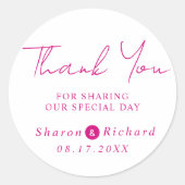 Sticker Rond Magenta script calligraphie Merci mariage (Devant)