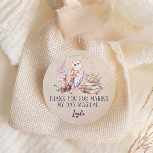 Sticker Rond Magic Owl Girl Wizard Merci Classic