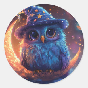 Sticker Rond Magic Owl Wizard on the Moon : Magical Imaginaire 