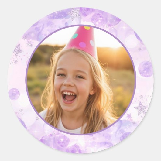 Sticker Rond Magical Purple Bubbles Photo Birthday  (Devant)