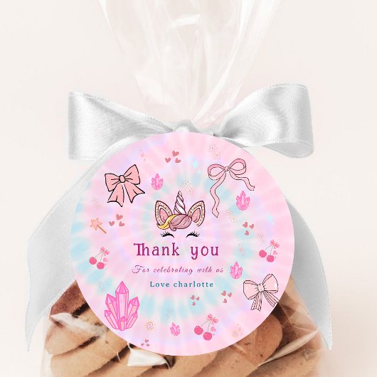 Sticker Rond Magical Tie Dye Unicorn Coquette Bow Birthday