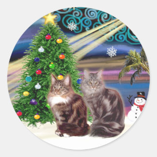 Sticker Rond Magie de Noël - Deux chats de Maine Coon