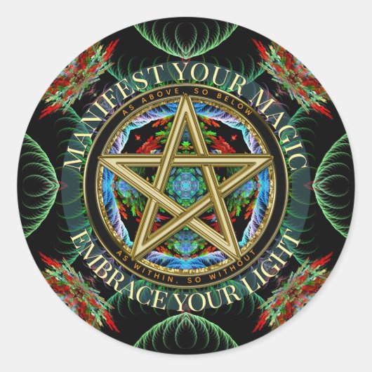 Sticker Rond Magie du Pentacle Doré Fractales (Devant)