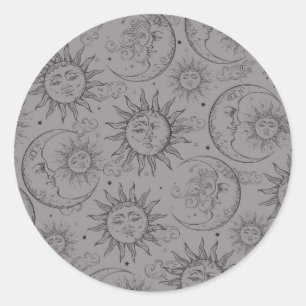 Sticker Rond Magie Grise Vintage Céleste Soleil Lune Étoiles Fê