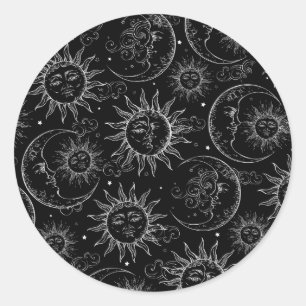 Sticker Rond Magie Noire Vintage Céleste Soleil Lune Étoiles Fê