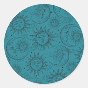 Sticker Rond Magie Sarcelle Vintage Céleste Soleil Lune Étoiles