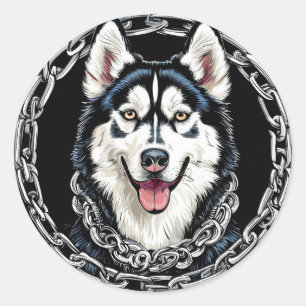 Sticker Rond Magnifique chien husky aux couleurs vives