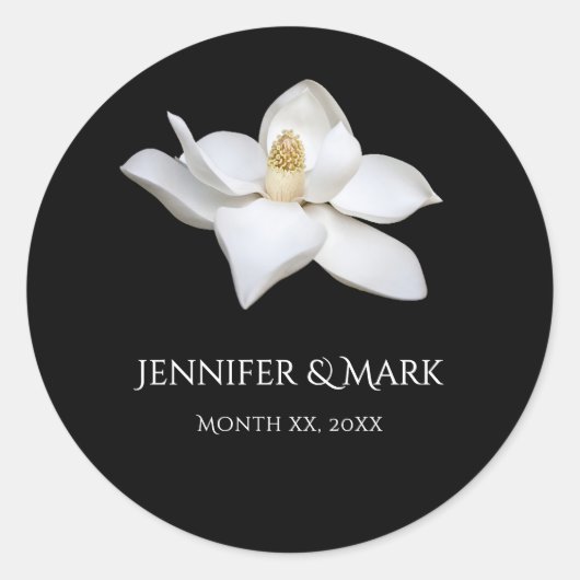 Sticker Rond Magnolia blanc Elégant mariage noir et blanc (Devant)