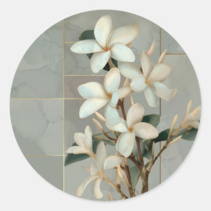 Sticker Rond Magnolia blanche Floral Ligne dorée Marbre