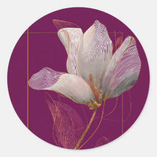 Sticker Rond Magnolia blanche ligne dorée magenta