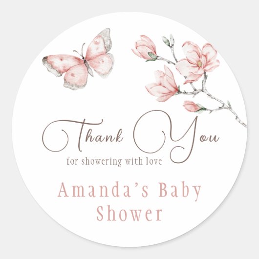 Sticker Rond Magnolia Bleu Baby shower Papillon rose Favoriser (Devant)