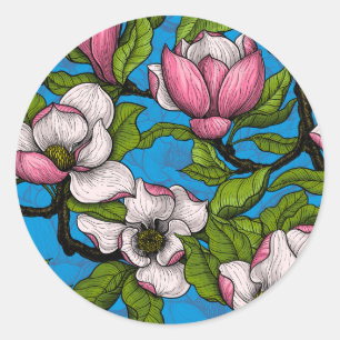 Sticker Rond Magnolia en floraison sur bleu