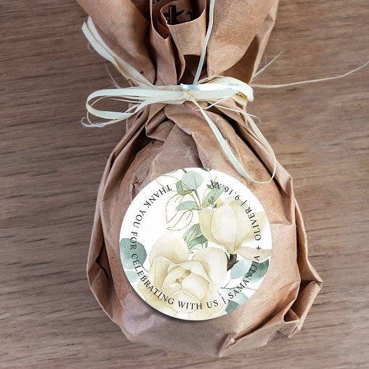 Sticker Rond Magnolia Eucalyptus Élégant Mariage Merci