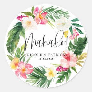 Sticker Rond Mahalo Fleurs tropicales et Mariage de verdure