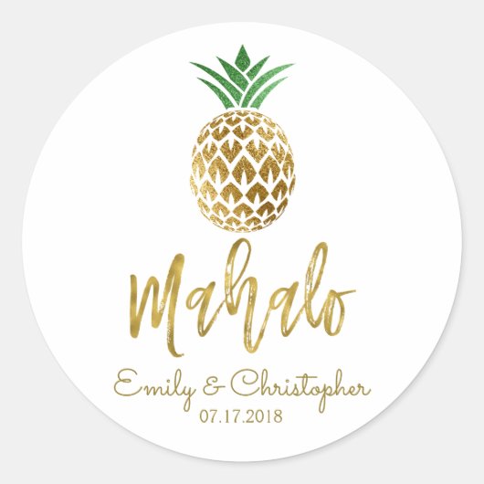 Sticker Rond Mahalo Tropical Hawaiian Ananas Mariage Blanc (Devant)