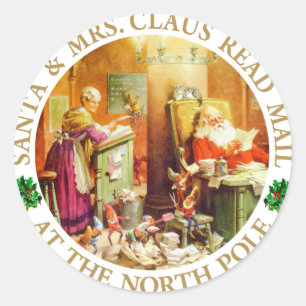 Sticker Rond Mail de Père Noël et de Mme Claus Read au Pôle