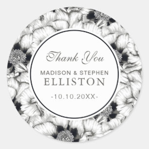 Sticker Rond Main noire et blanche tirée florale   MERCI