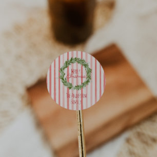 Sticker Rond Main rétro Tirée verte rouge couronne de Noël