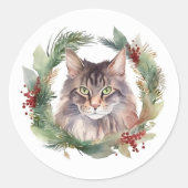 Sticker Rond Maine Coon Chat Noël Wreath Festive Kitten (Devant)