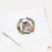 Sticker Rond Maine Coon Chat Noël Wreath Festive Kitten (Enveloppe)